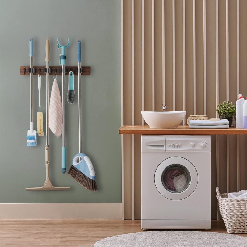 Mop and Broom Holder Wall Mount - Rustic Wood Broom Mop Hanger - Wall Mounted Garden Tool Rack Organizer for Closet Garage Laundry Room Kitchen Decor With 4 Slots & 4 Hooks - Image 5