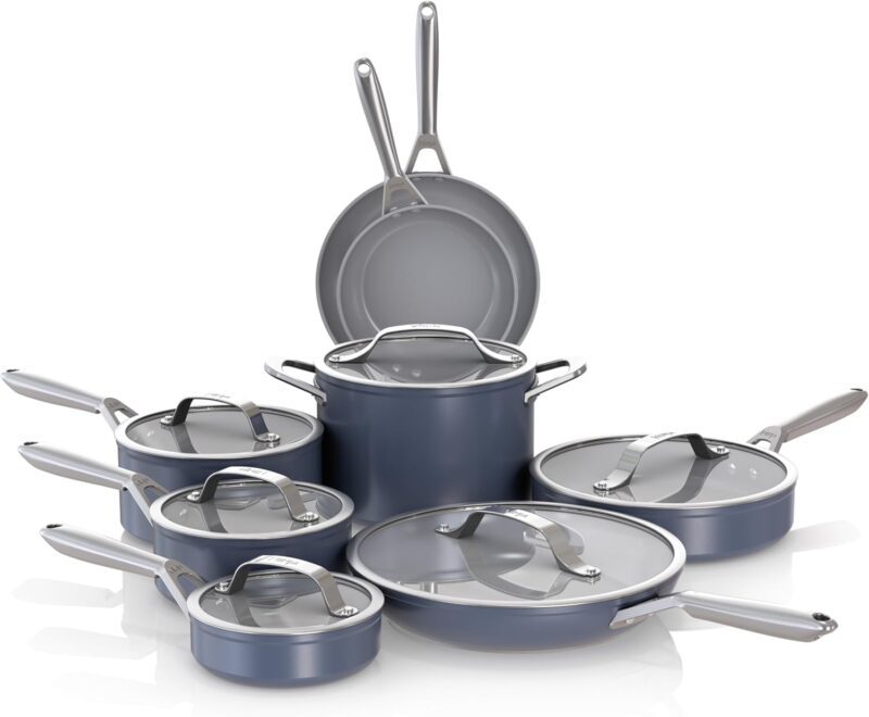 Ninja Ceramic Pro 14-Piece Cookware Set, Non-Stick Pots & Pans Set with Glass Lids, PTFE Free, Ceramic Coated, Oven Safe, All Stovetops & Induction Compatible, Midnight Blue, CW39014MM