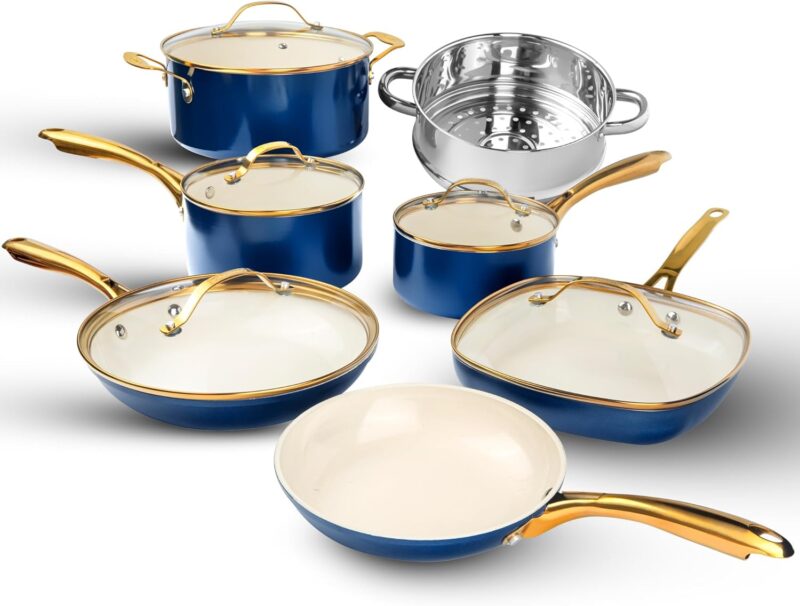 GOTHAM STEEL 12 Pc Ceramic Cookware Set Nonstick, Pots and Pans Set Non Stick for Kitchen with Frying Pan, Sauce Pan, Pots and Pans for Cooking, Non Toxic Cookware Sets, Oven and Dishwasher Safe
