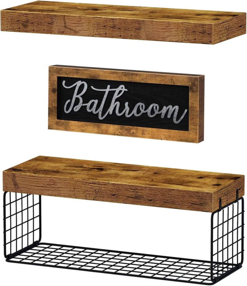 QEEIG ‎Bathroom Shelves Over Toilet - Paper Storage Wall Mounted Farmhouse Decor Decorations Aesthetic Décor Sign Small Floating Shelf 2+1 Set 16 inch, Rustic Brown (020BN) - Image 6