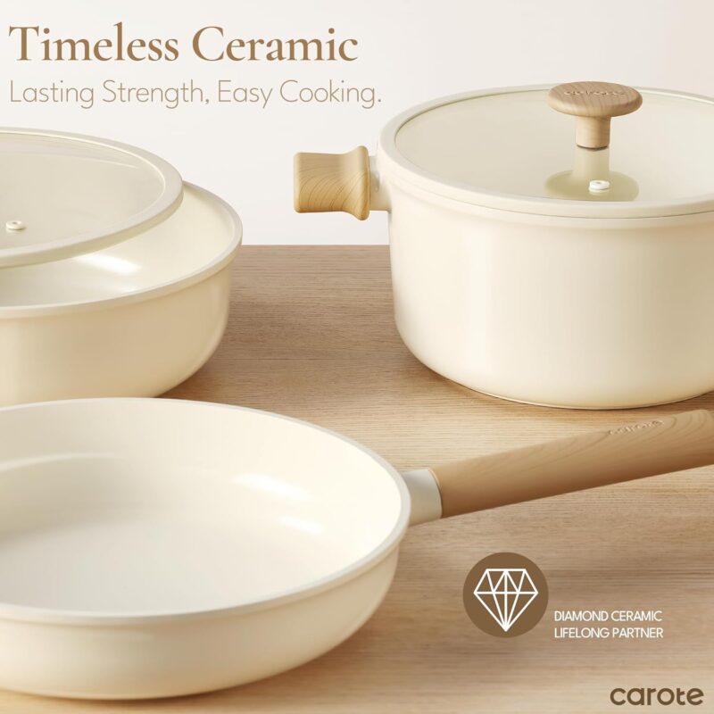 CAROTE Ceramic Pots and Pans Set Non Stick, Non-Toxic Cookwares, Healthy Ceramic Cookware Set 7Pcs，PFAS/PFOA Free，Kitchen Induction Cooking Sets Dishwasher Safe, Cream White - Image 6