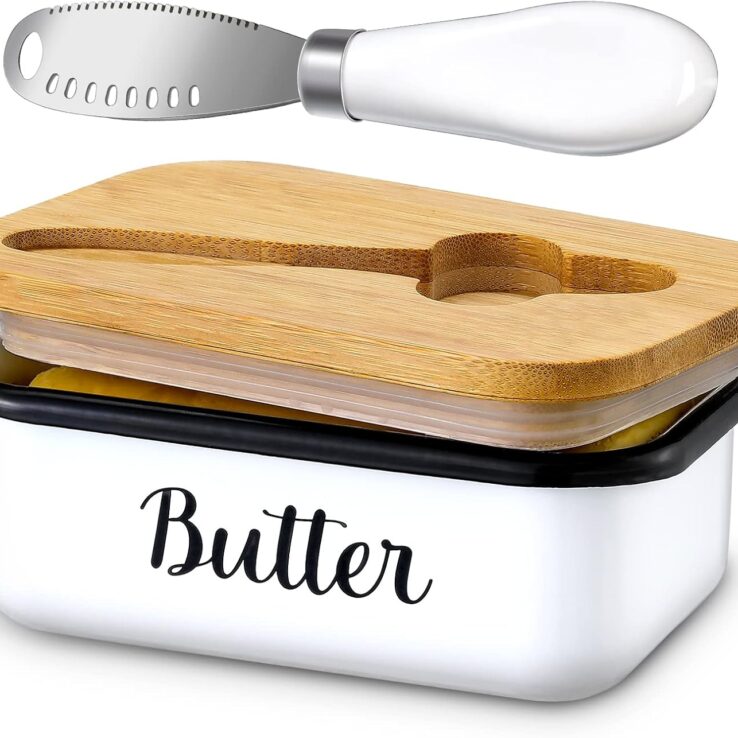 LANDNEOO Butter Dish with Lid and Butter Curler Knife - Unbreakable Stainless Steel Keeper Container with Double Silicone Sealing, for Kitchen Farmhouse Decor