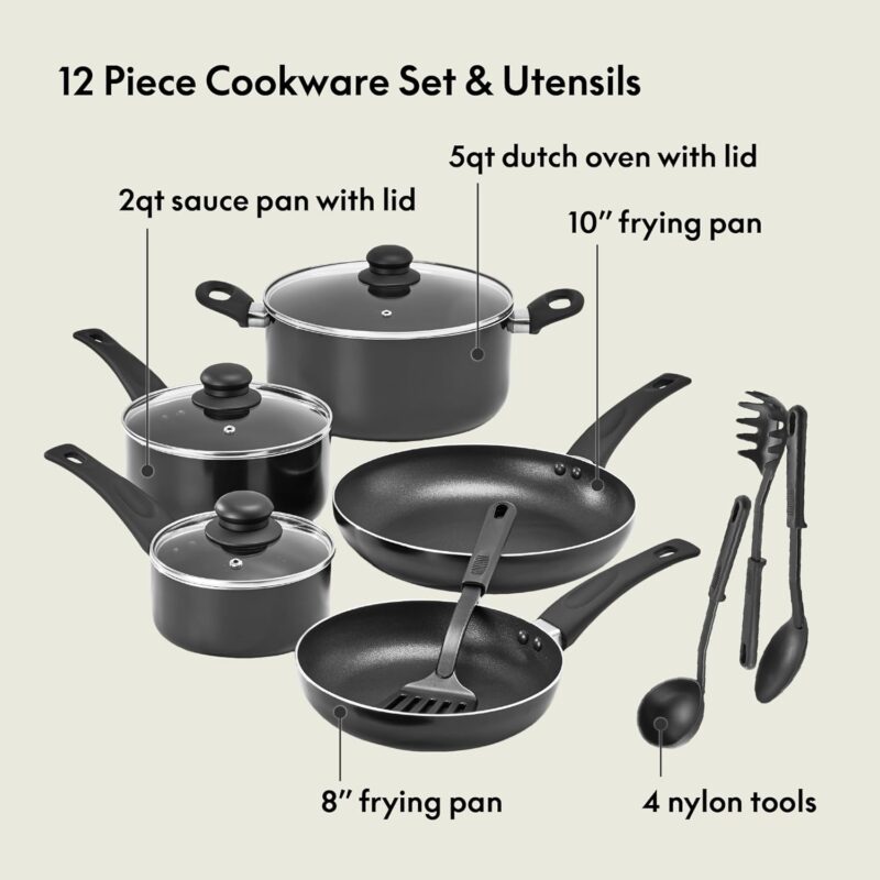bella Cookware Set, 12 Piece Pots and Pans with Utensils, Nonstick PFOA Free Scratch Resistant Cooking Surface Compatible with All Stoves, Nylon and Aluminum, Black - Image 3