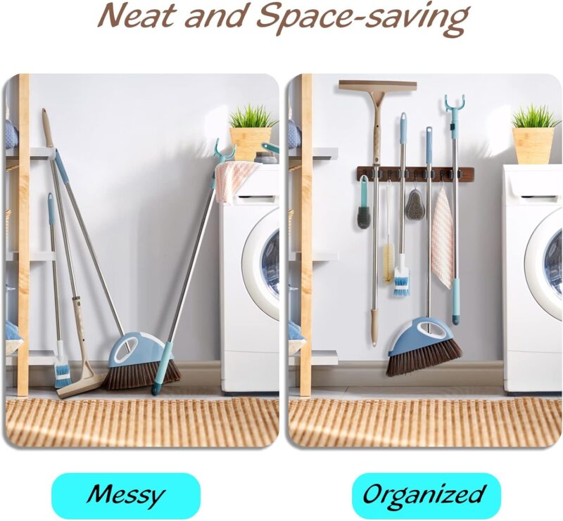 Mop and Broom Holder Wall Mount - Rustic Wood Broom Mop Hanger - Wall Mounted Garden Tool Rack Organizer for Closet Garage Laundry Room Kitchen Decor With 4 Slots & 4 Hooks - Image 3