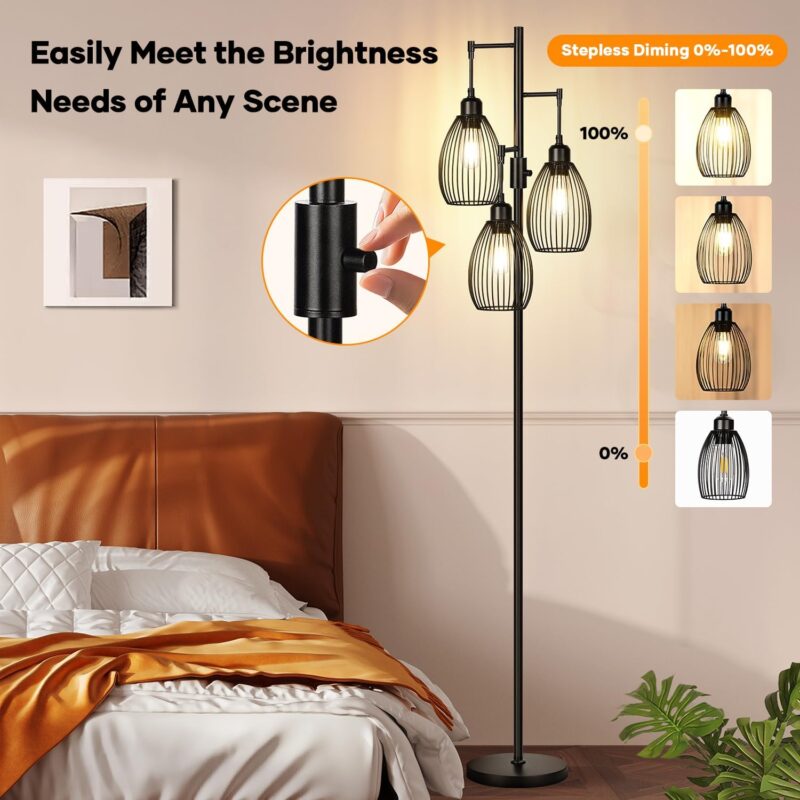 Dimmable Floor Lamp, 3 x 800LM LED Edison Bulbs Included, Farmhouse Industrial Floor Lamp Standing Tree Lamp with Elegant Teardrop Cage Tall Lamps for Living Room Bedroom Office Dining Room-Black - Image 3