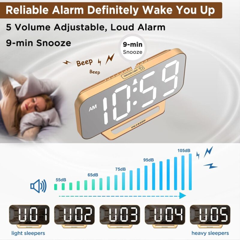 Peakeep Slim Digital Mirror Clock, Aesthetic Alarm Clock for Desk - Plug in Electric Clock Big LED Modern Decorative Small Table Clock for Office Living Room, Battery Backup, 6 Dimmers (Gold) - Image 5