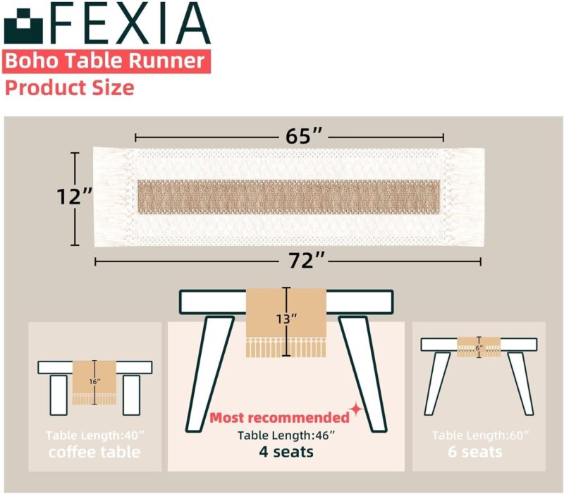 FEXIA Boho Table Runner for Christmas Home Decor with Tassels 72 Inches Long Farmhouse Rustic Table Runner Macrame Burlap Table Decoration for Living Room Bridal Shower(12x72 Inches) - Image 2