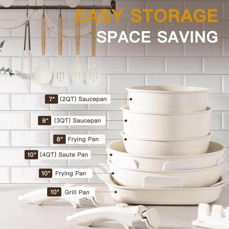Astercook 23 Pcs Pots and Pans Set Non Stick, Ceramic Cookware Set Detachable Handle, RV Kitchen Cooking Set Removable Handles, Oven Safe, Induction Ready, Stackable Non-stick Set, Cream White - Image 9