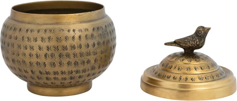 Creative Co-Op, Brass Round Hammered Metal Container with Bird Finial, Finish - Image 9