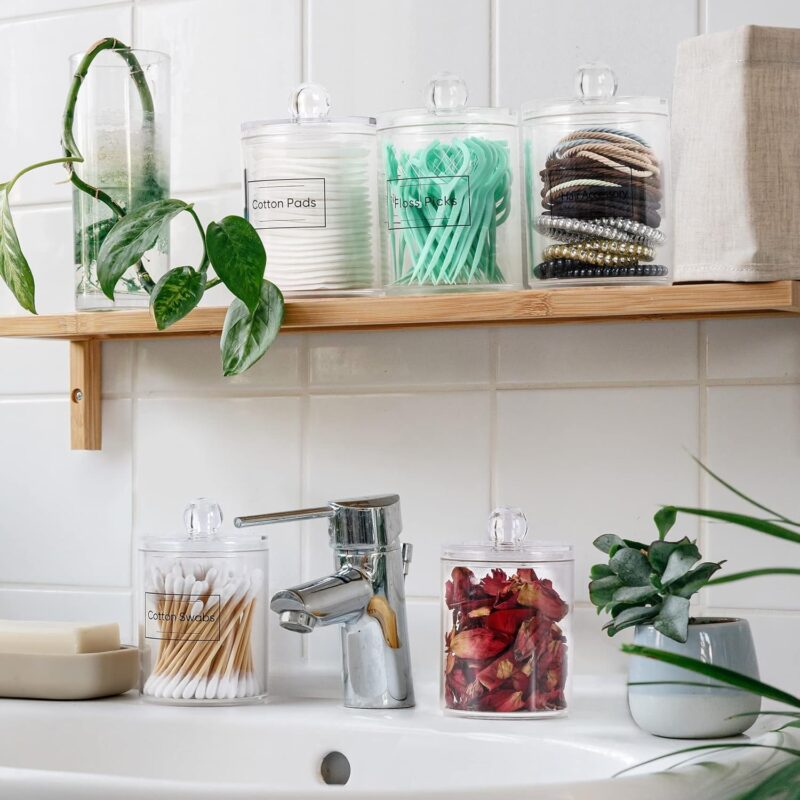 4 Pack Acrylic Qtip Holder Dispenser for Cotton Swabs, Balls, Pads, Floss Picks- Small Clear Plastic Canister Apothecary Jar Set, Bathroom Essentials Accessories Decor, Vanity Makeup Storage Organizer - Image 8