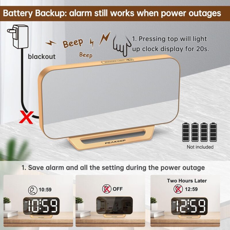 Peakeep Slim Digital Mirror Clock, Aesthetic Alarm Clock for Desk - Plug in Electric Clock Big LED Modern Decorative Small Table Clock for Office Living Room, Battery Backup, 6 Dimmers (Gold) - Image 6
