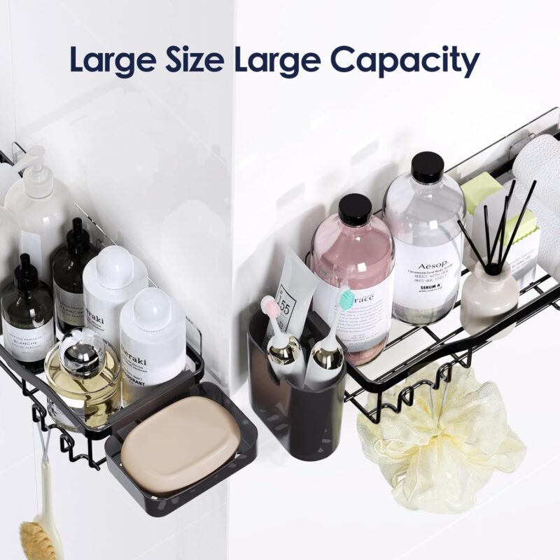 Shower Caddy Adhesive Shower Organizer Rustproof Stainless Steel Bathroom Shelves, Large Capacity No-Drill Rack Storage Accessories with Soap Dish Toothbrush Holder & 16 Hooks Home Decor Black - Image 9
