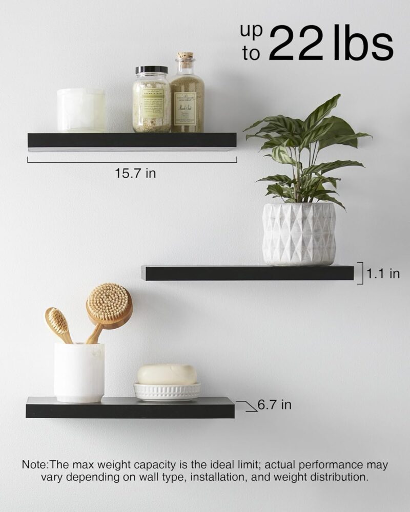 BAYKA Floating Shelves for Wall, Wall Mounted Rustic Wood Shelves for Bathroom, Bedroom, Living Room, Kitchen, Hanging Shelf for Books/Storage/Room Decor with 22lbs Capacity (Black, Set of 3, 15.7in) - Image 7