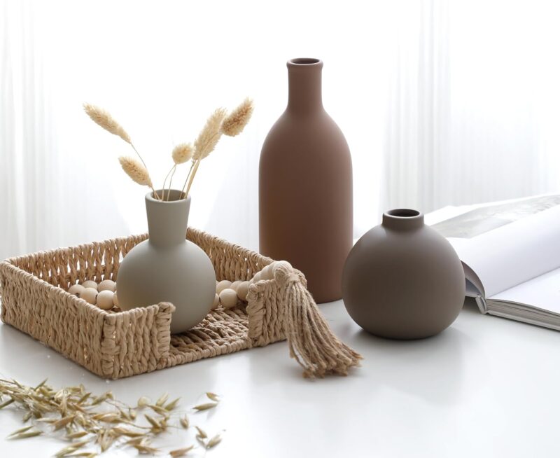 Ceramic Vase Set of 3, Vases Home Decor Rustic Farmhouse Decorative Vase Pottery Vases for Bouquet Pampas Grass Dried Fresh Flowers, Table Living Room Kitchen Bedroom Bathroom - Brown - Image 7