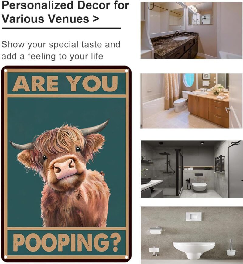 Vintage Highland Cow Tin Sign: Funny "Are You Pooping?" Bathroom Wall Decor for Western & Highland Cow Lovers 8 x 12 Inch (3039) - Image 2