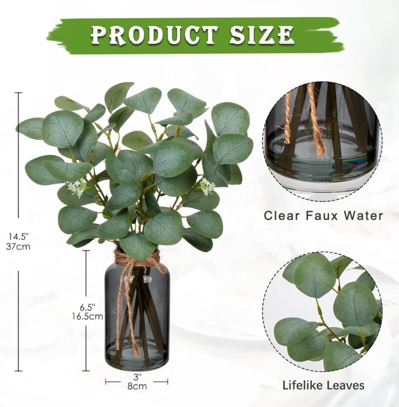 Briful Artificial Eucalyptus Stems in Black Glass Vase with Faux Water, 14" Fake Plant Eucalyptus Leaves for Home Office Farmhouse Wedding Centerpiece Décor - Image 2