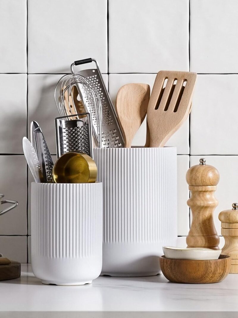 LE TAUCI Utensil Holder, 7.3"+5.4" Ceramic Kitchen Utensil Holder for Countertop, Large Cooking Utensil Crocks for Kitchen Counter, Morden Utensil Organizer for Spatula, Kitchen Decor, Set of 2, White - Image 3