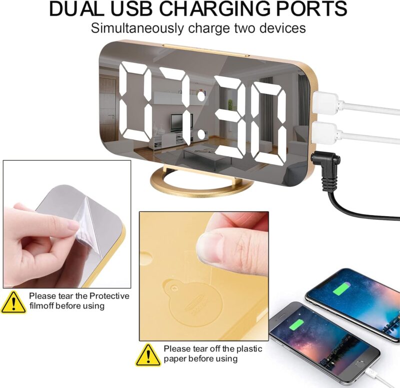 SZELAM Digital Alarm Clock,LED and Mirror Desk Clock Large Display,with Dual USB Charger Ports,3 Levels Brightness,12/24H,Modern Electronic Clock for Bedroom Home Living Room Office - Gold - Image 7