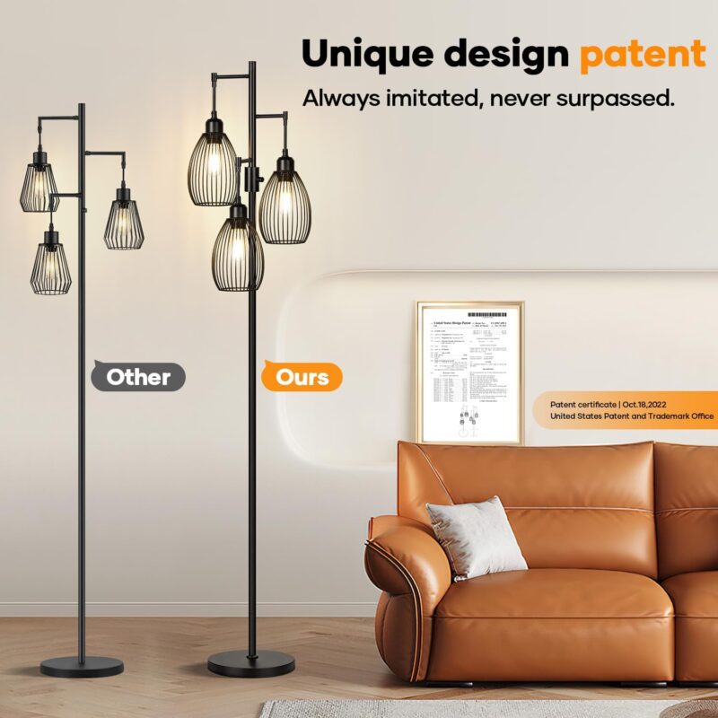 Dimmable Floor Lamp, 3 x 800LM LED Edison Bulbs Included, Farmhouse Industrial Floor Lamp Standing Tree Lamp with Elegant Teardrop Cage Tall Lamps for Living Room Bedroom Office Dining Room-Black - Image 7