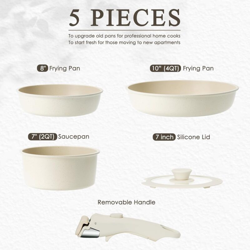 KIKCOIN 5 Pcs Pots and Pans Set Non Stick - Detachable Handle Cookware Set, Induction Nonstick Kitchen RV Cooking Set Removable Handle - Dishwasher ＆ Oven Safe ＆Heat Evenly for Better Cooking - Image 2