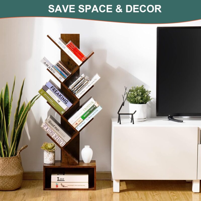 Yoobure Tree Bookshelf - 6 Shelf Retro Floor Standing Bookcase, Tall Wood Book Storage Rack for CDs/Movies/Books, Utility Organizer Shelves Bedroom, Living Room, Home Office, Rustic Brown - Image 4
