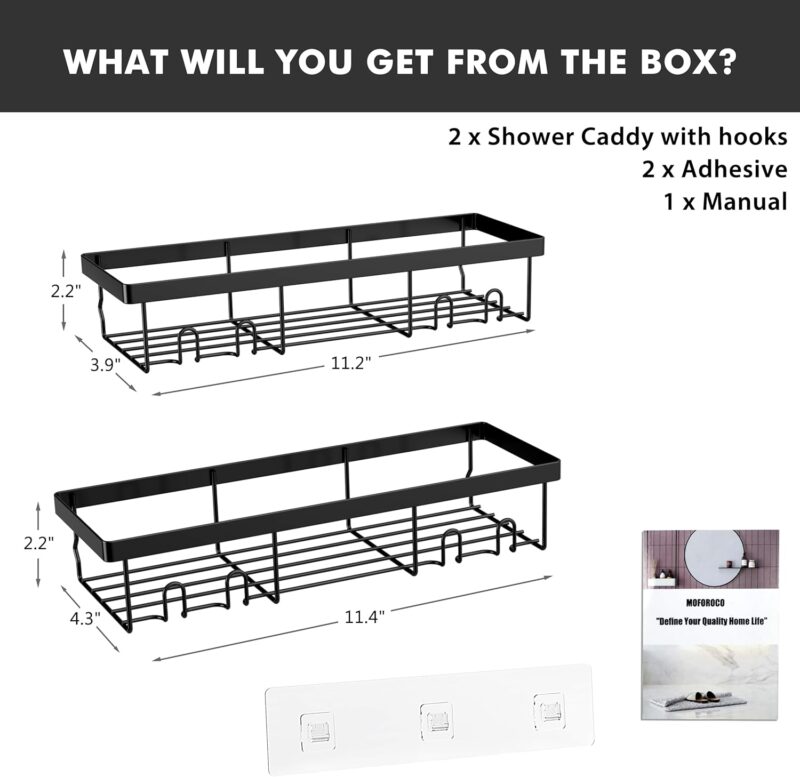 Moforoco Shower Caddy Shelf Organizer Rack, Self Adhesive Black Bathroom Shelves Basket, Home Farmhouse Wall Inside Organization and Storage Decor Rv Accessories, First Camper Apartment Essentials - Image 3