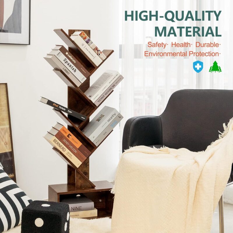 Yoobure Tree Bookshelf - 6 Shelf Retro Floor Standing Bookcase, Tall Wood Book Storage Rack for CDs/Movies/Books, Utility Organizer Shelves Bedroom, Living Room, Home Office, Rustic Brown - Image 8