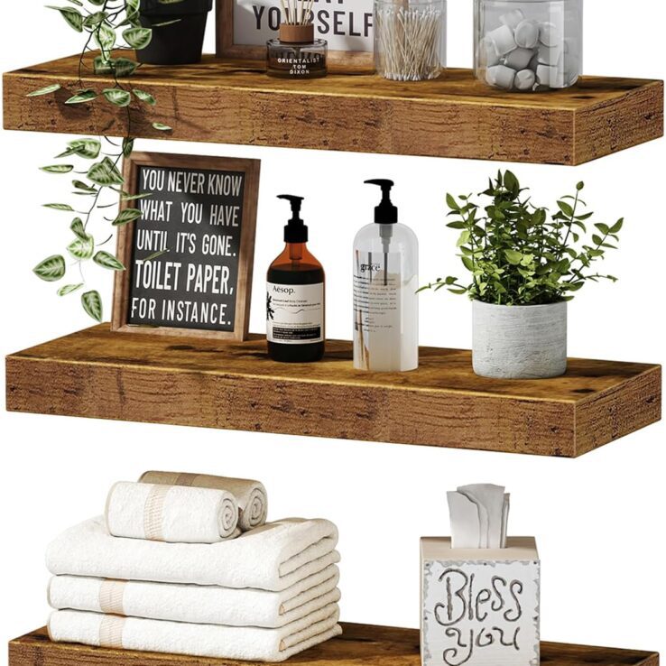 QEEIG Floating Shelves for Wall Bathroom Shelf Bedroom Kitchen Living Room Hanging Book Shelves Small Farmhouse Decor 16 inch Set of 3, Rustic Brown (015-BN3)