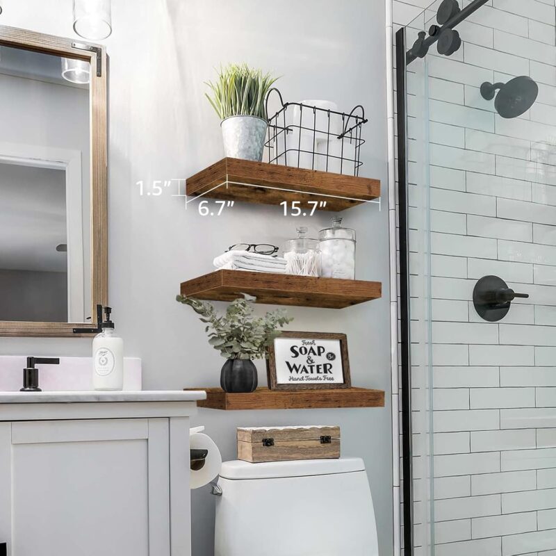 QEEIG Floating Shelves for Wall Bathroom Shelf Bedroom Kitchen Living Room Hanging Book Shelves Small Farmhouse Decor 16 inch Set of 3, Rustic Brown (015-BN3) - Image 2