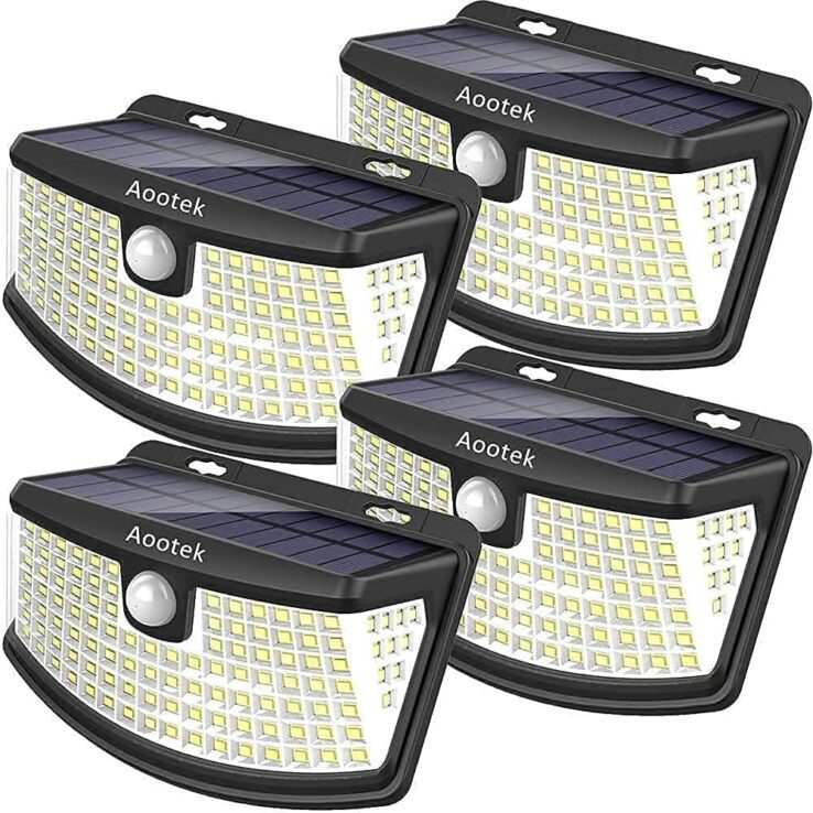 Aootek New Solar Motion Sensor Lights 120 LEDs with Lights Reflector,270° Wide Angle, IP65 Waterproof, Step Lights for Front Door, Yard, Garage, Deck (Back Button 4-Pack)