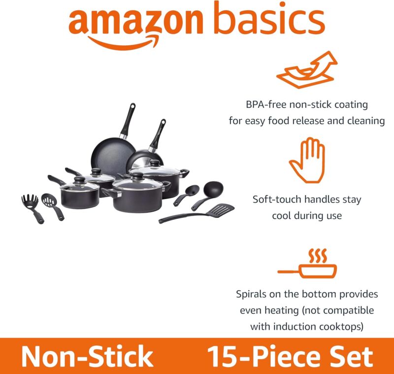 Amazon Basics Non Stick Kitchen Cookware 15-Piece Set, Non-Induction, Includes Pots, Pans, and Utensils, Black - Image 2