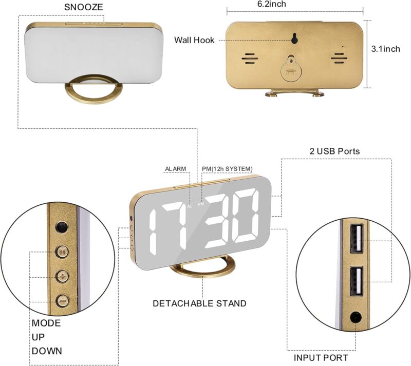 SZELAM Digital Alarm Clock,LED and Mirror Desk Clock Large Display,with Dual USB Charger Ports,3 Levels Brightness,12/24H,Modern Electronic Clock for Bedroom Home Living Room Office - Gold - Image 5