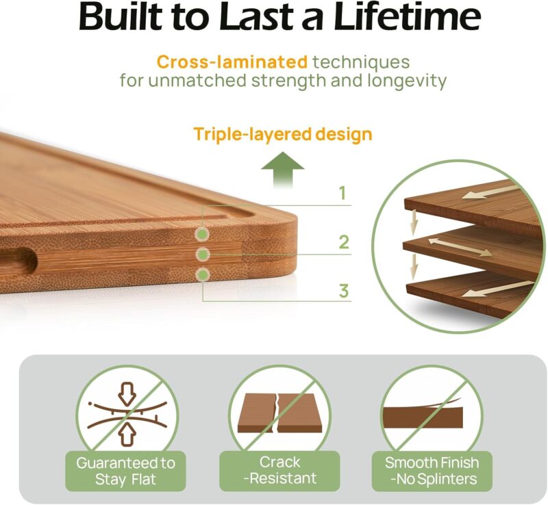 Bamboo Cutting Board, Durable Wood Cutting Boards for Kitchen with Deep Juice Grooves & Built-in Handles, Ideal Charcuterie & Chopping for Meat, Vegetables - Perfect Kitchen Gift for Home Cooks - Image 4