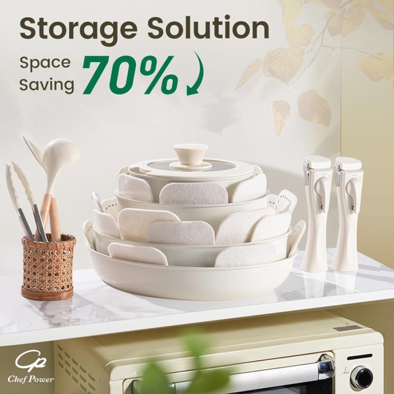 Chef Power Ceramic Cookware Set Non Toxic with Detachable Handles, Healthy Nonstick Pans and Pots Set 19 Pcs, Induction Dishwasher Oven Safe Kitchen Set, PFAS PFOA & PTFE Free, Cream White - Image 3