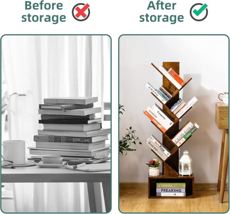 Yoobure Tree Bookshelf - 6 Shelf Retro Floor Standing Bookcase, Tall Wood Book Storage Rack for CDs/Movies/Books, Utility Organizer Shelves Bedroom, Living Room, Home Office, Rustic Brown - Image 6
