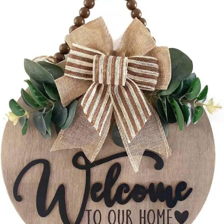 3D Welcome Sign for Front Door | Home/Farmhouse Porch Décor Wooden Hanging Sign with Artificial Leaves and Rustic Beads | Christmas Classroom |12" Round