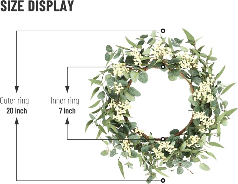 Pinkpum 20'' Eucalyptus Wreath for Front Door, Porch, Window - Green Decor for Home, Farmhouse - Spring, Summer, Fall, All Seasons - Image 6