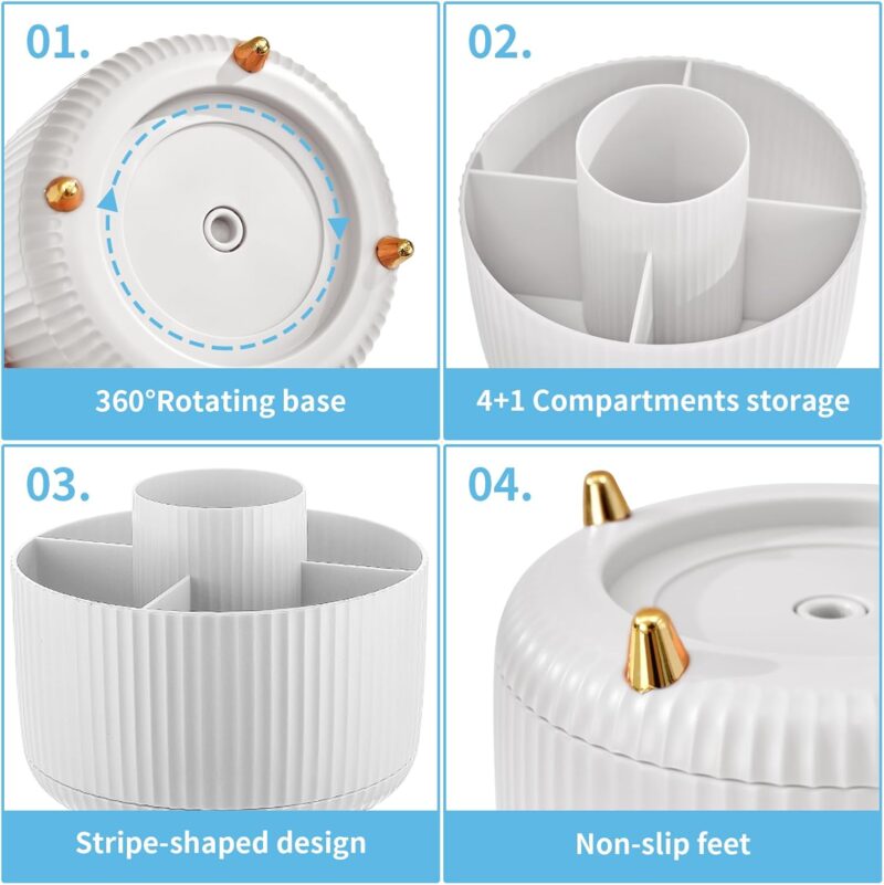 Marbrasse Desk Organizer, 360-Degree Rotating Pen Holder for Desk, Desk Organizers and Accessories with 5 Compartments Pencil Organizer, Art Supply Storage Box Caddy for Office, Home （White） - Image 4