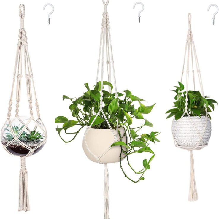 MIPON 3 Pack Macrame Plant Hanger Indoor Hanging Planter for Plants Holder with 3 Hooks, Different Size for Boho Home Decor,Ivory(POTS NOT Included)