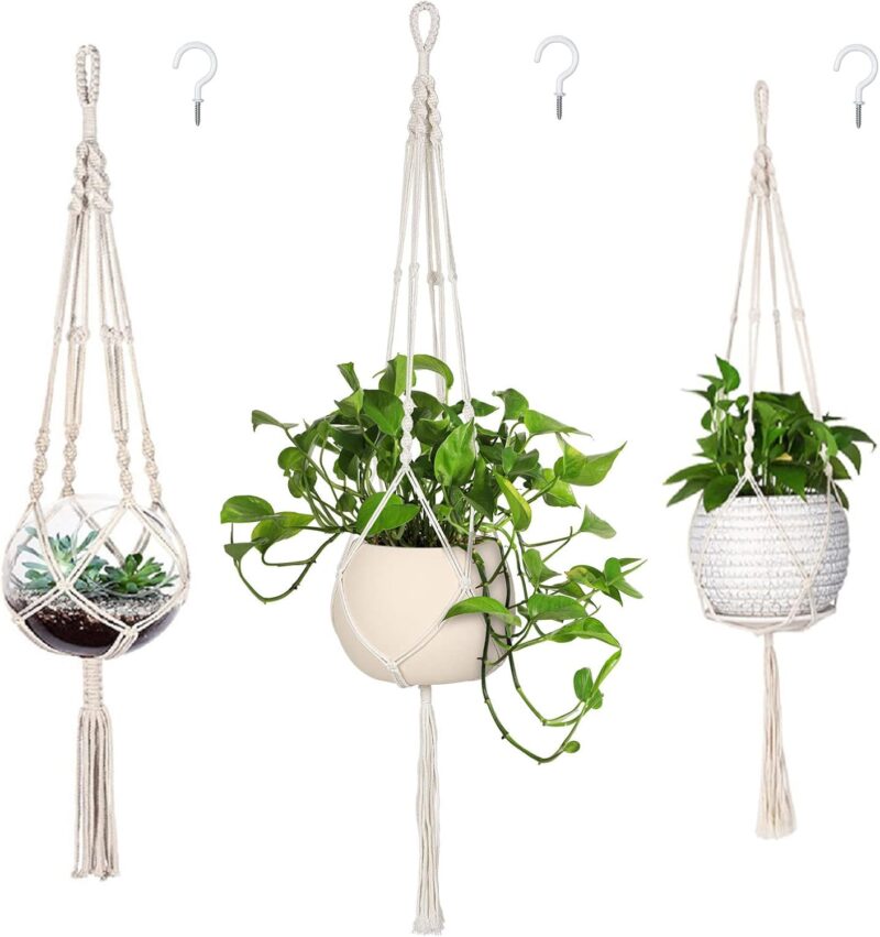 MIPON 3 Pack Macrame Plant Hanger Indoor Hanging Planter for Plants Holder with 3 Hooks, Different Size for Boho Home Decor,Ivory(POTS NOT Included)