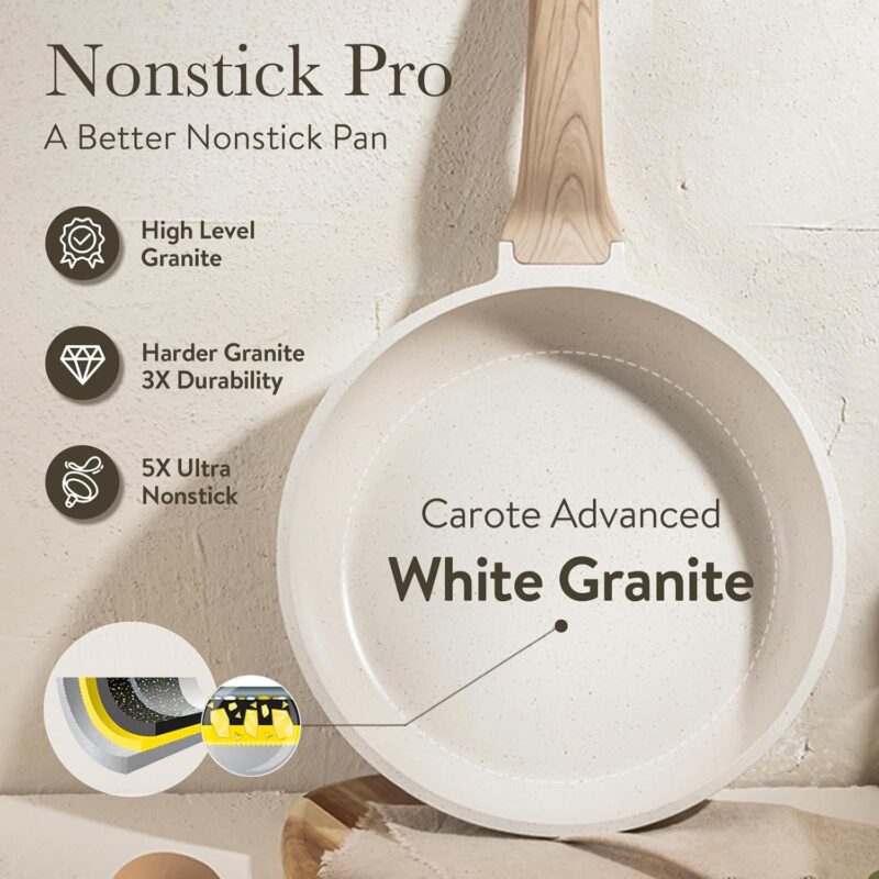 CAROTE 21Pcs Pots and Pans Set, Nonstick Cookware Sets, White Granite Induction Cookware Non Stick Cooking Set w/Frying Pans & Saucepans(PFOS, PFOA Free) - Image 3