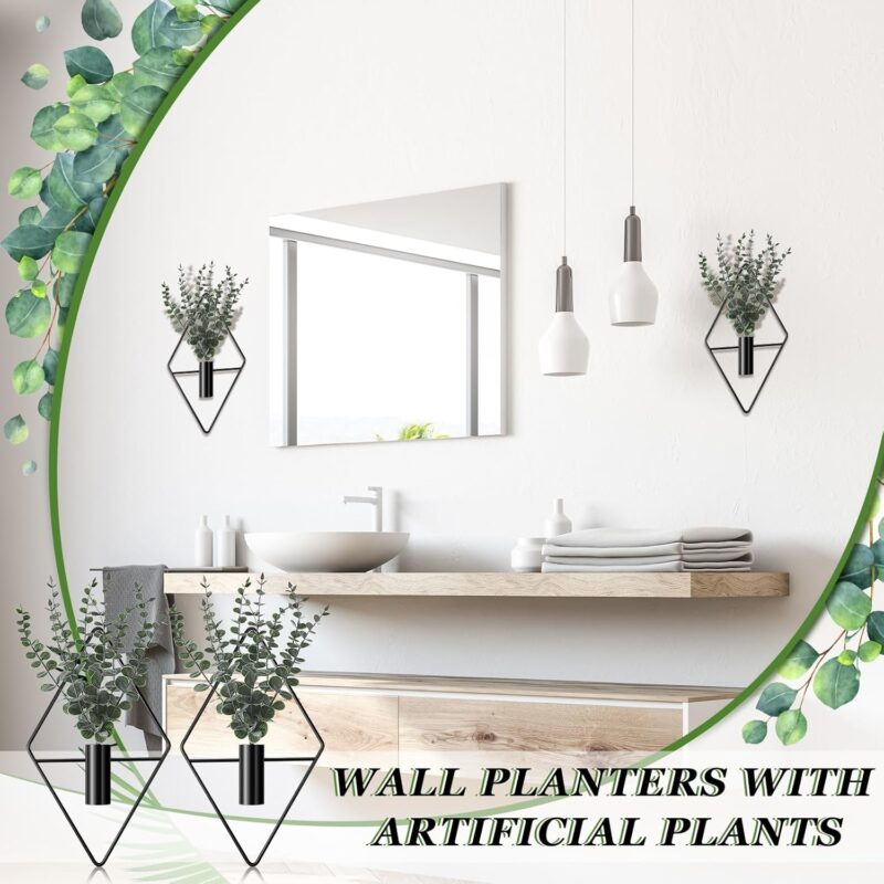 Jexine 2 Pcs Hanging Planters with Artificial Eucalyptus Metal Hanging Vase Indoor Plants Holder Modern Geometric Boho Wall Decor for Living Room Home Office(Black) - Image 5