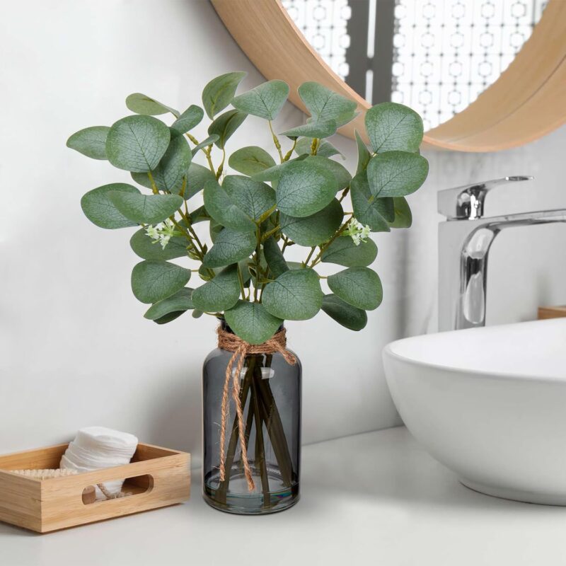 Briful Artificial Eucalyptus Stems in Black Glass Vase with Faux Water, 14" Fake Plant Eucalyptus Leaves for Home Office Farmhouse Wedding Centerpiece Décor - Image 3