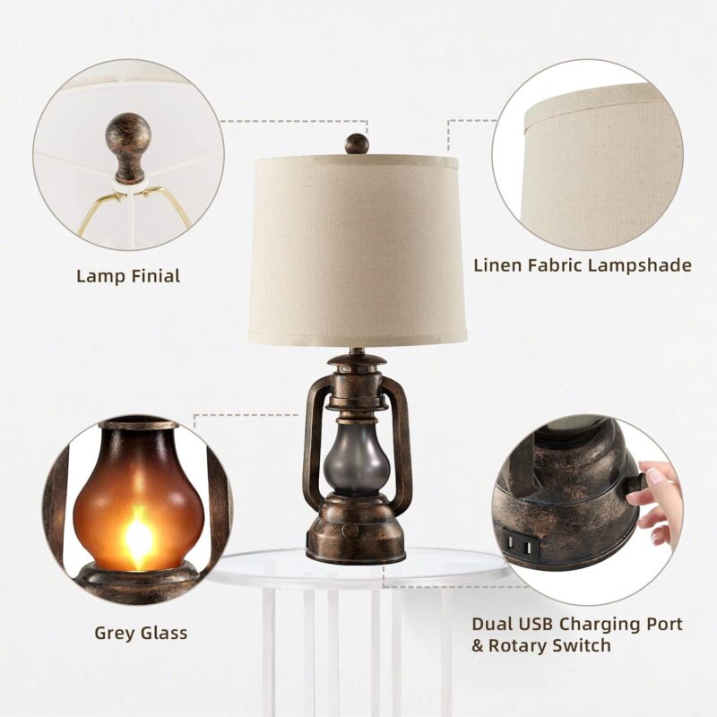 RORIANO Farmhouse Lantern Table Lamps for Living Room Set of 2, Vintage Bedroom Resin Lamp with Dual USB Charging Ports, Rustic Retro Bedside Nightstand Desk Lamp, Linen Fabric Shade, 4 Bulb Included - Image 5