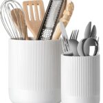 LE TAUCI Utensil Holder, 7.3"+5.4" Ceramic Kitchen Utensil Holder for Countertop, Large Cooking Utensil Crocks for Kitchen Counter, Morden Utensil Organizer for Spatula, Kitchen Decor, Set of 2, White