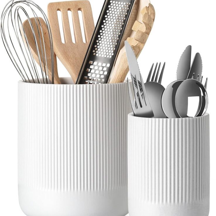 LE TAUCI Utensil Holder, 7.3"+5.4" Ceramic Kitchen Utensil Holder for Countertop, Large Cooking Utensil Crocks for Kitchen Counter, Morden Utensil Organizer for Spatula, Kitchen Decor, Set of 2, White