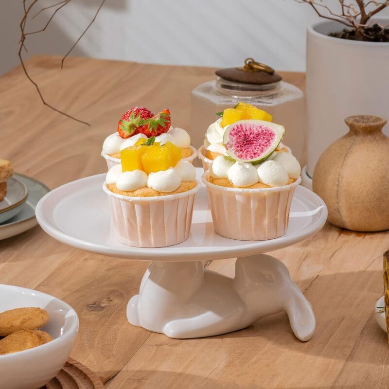LA JOLIE MUSE Cupcake Stand, Easter Decorations, Ceramic Dessert Plates for Eggs and Cookies, Bunny Candy Dish Gifts, 8.3 Inch White - Image 4