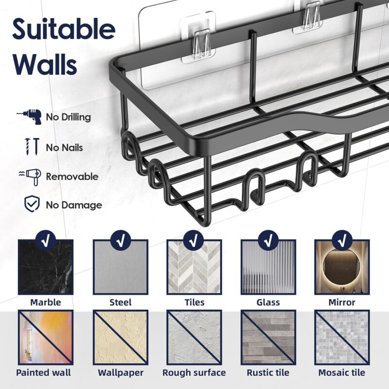 Shower Caddy Adhesive Shower Organizer Rustproof Stainless Steel Bathroom Shelves, Large Capacity No-Drill Rack Storage Accessories with Soap Dish Toothbrush Holder & 16 Hooks Home Decor Black - Image 8