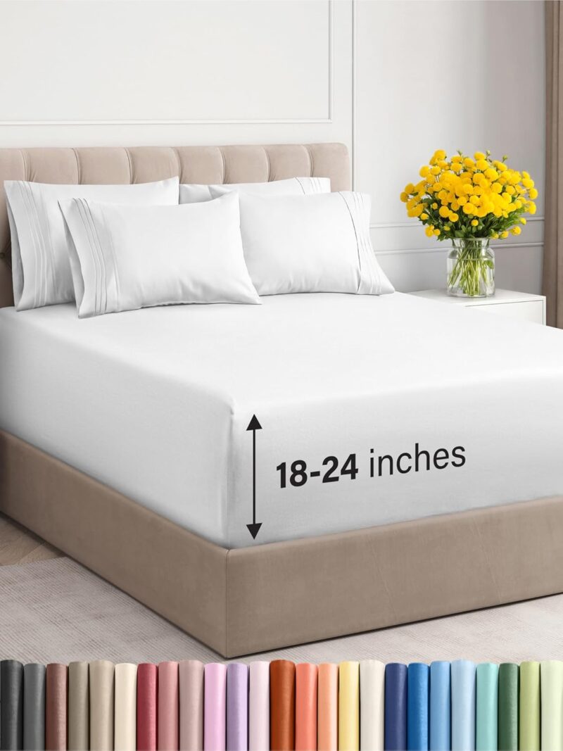 Extra Deep King Sheet Set - 6 Piece Breathable & Cooling Sheets - Hotel Luxury Bedding Set w/18-24 Inch Extra Deep Pockets - Easy & Secure Fit - Super Soft, Wrinkle Free and Comfy - White, King Size