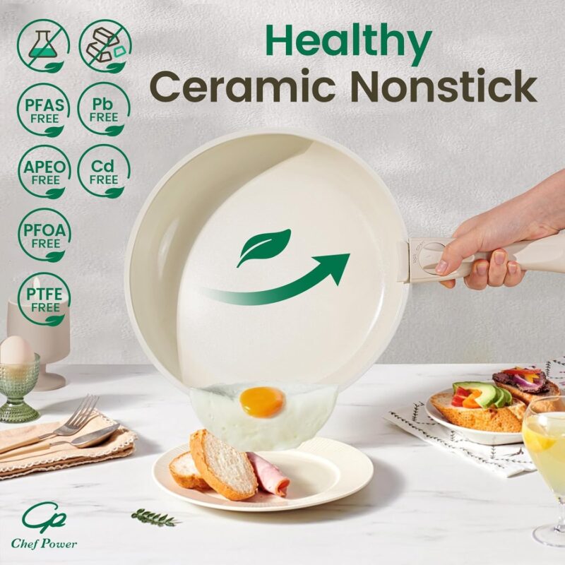 Chef Power Ceramic Cookware Set Non Toxic with Detachable Handles, Healthy Nonstick Pans and Pots Set 19 Pcs, Induction Dishwasher Oven Safe Kitchen Set, PFAS PFOA & PTFE Free, Cream White - Image 4